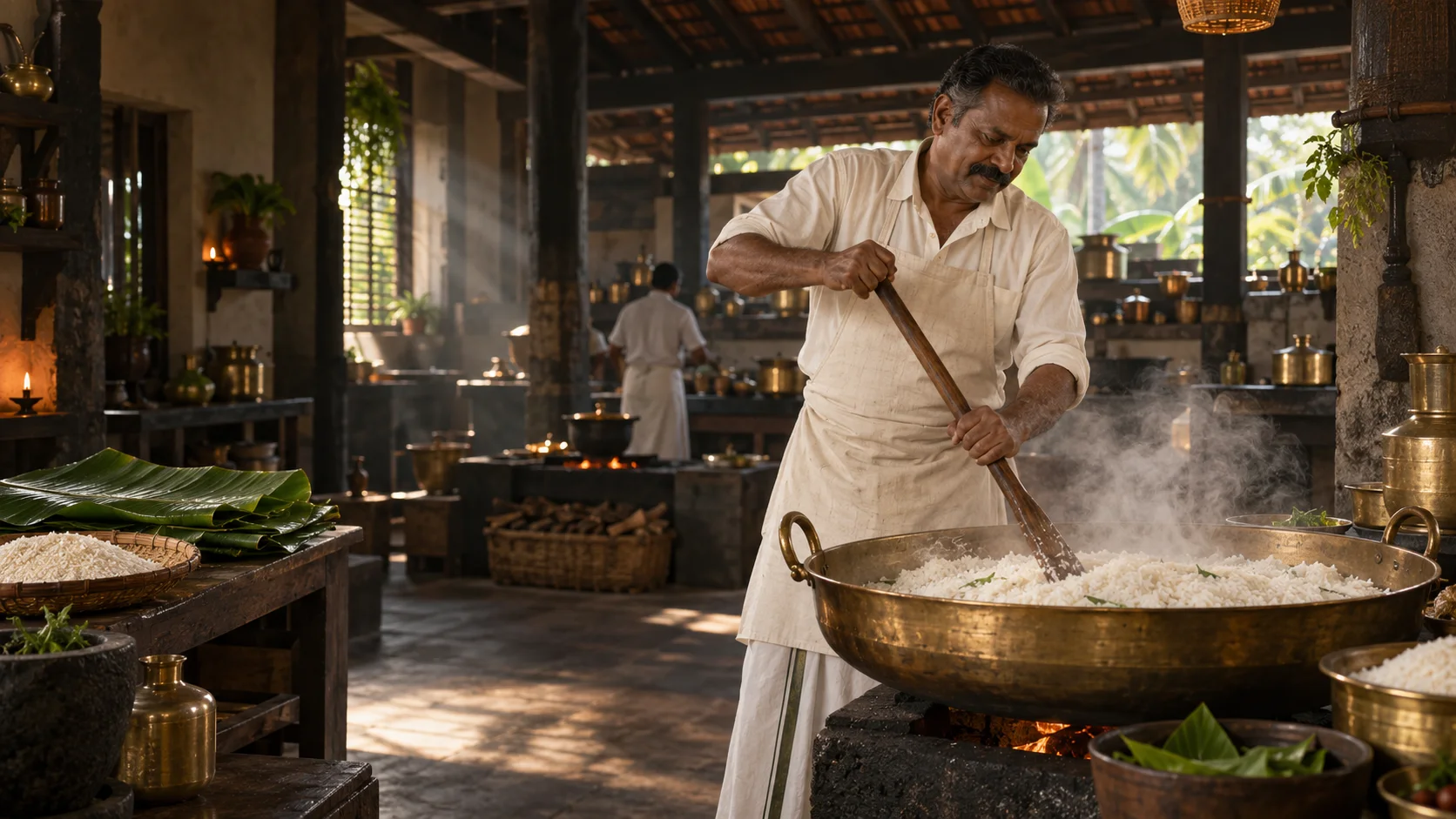 A cook preparing rice in a traditional bronze uruli in a warm Indian restaurant kitchen